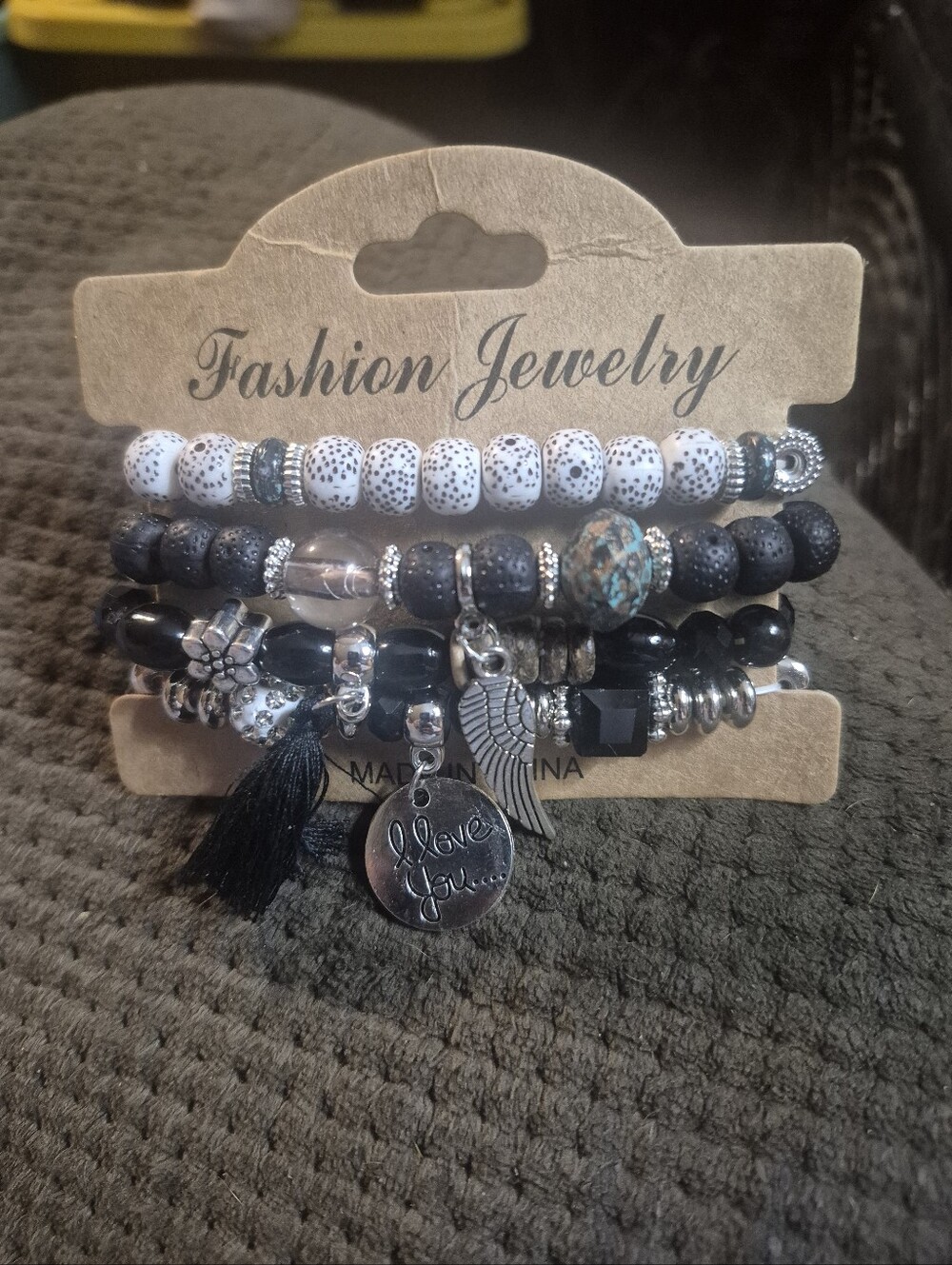 Fashion Jewelry Black & White Beaded Charm Bracelet Stack